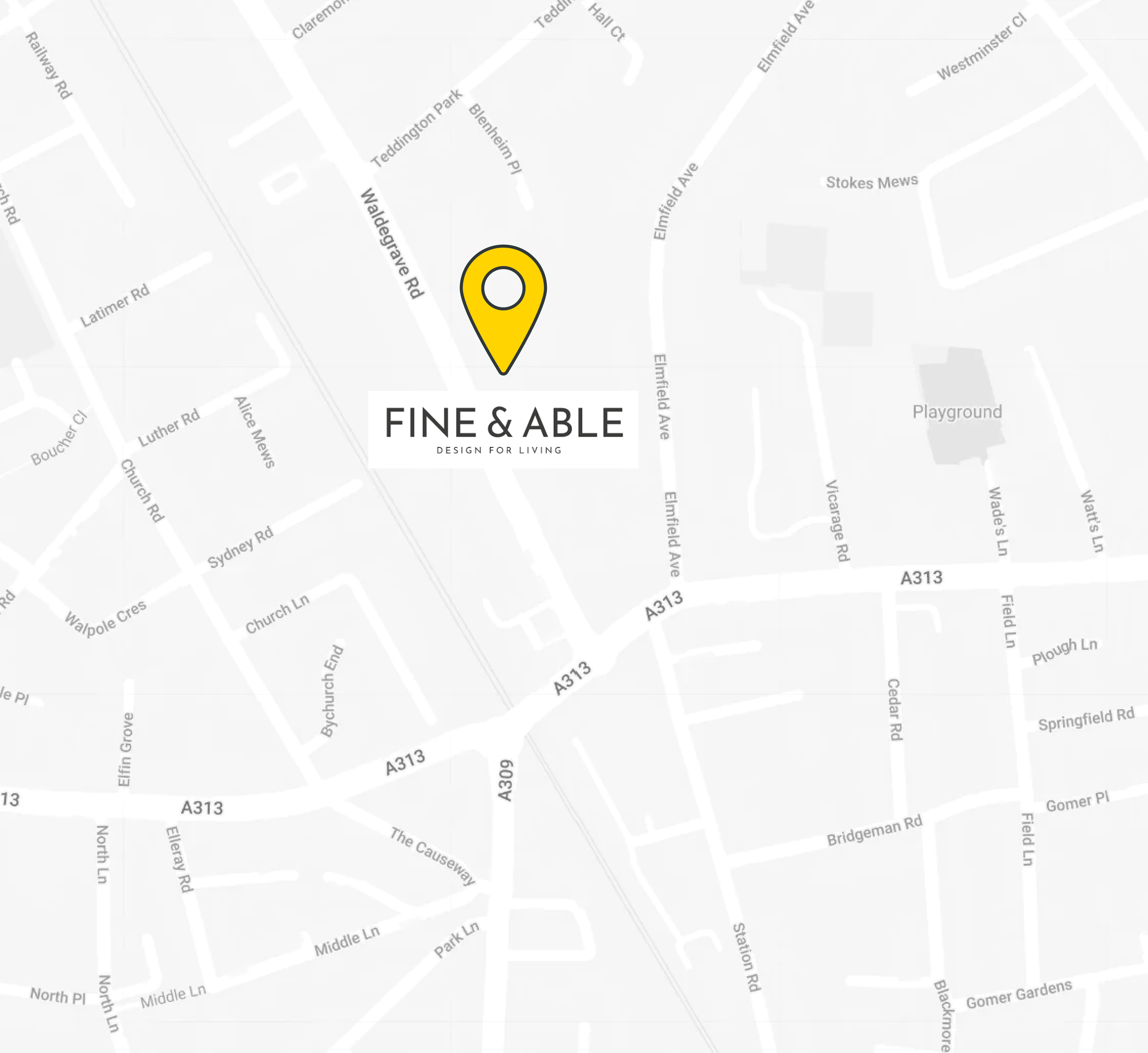 Map showing Fine & Able's showroom location in Twickenham, London.