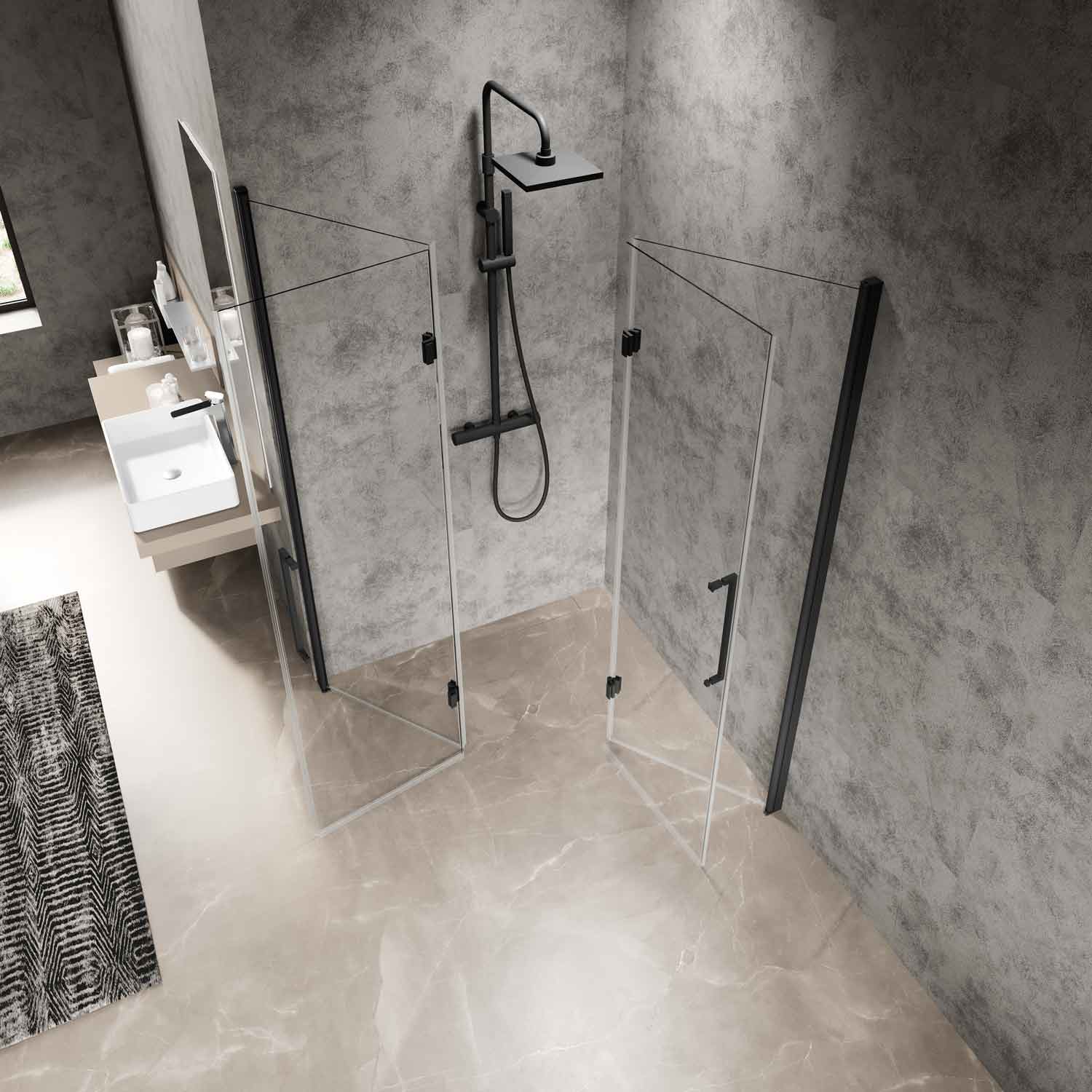 Matt black and glass bi-folding shower doors by Fine & Able making a corner enclosure