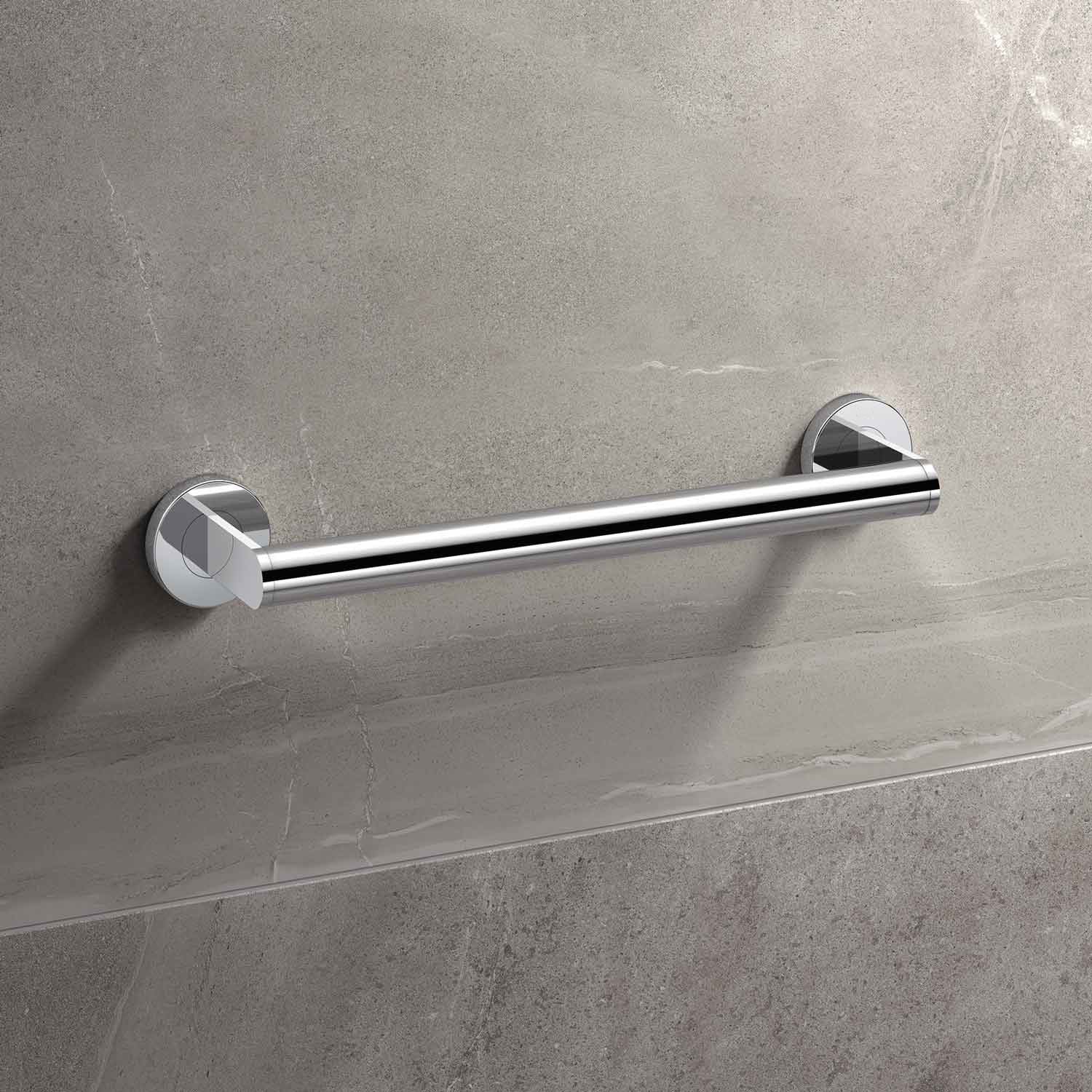 A Fine & Able chrome finish grab rail on a tiled bathroom wall