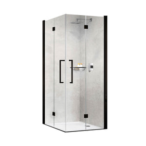600mm Bliss Bi-folding Screen Clear Glass with a matt black finish on a white background