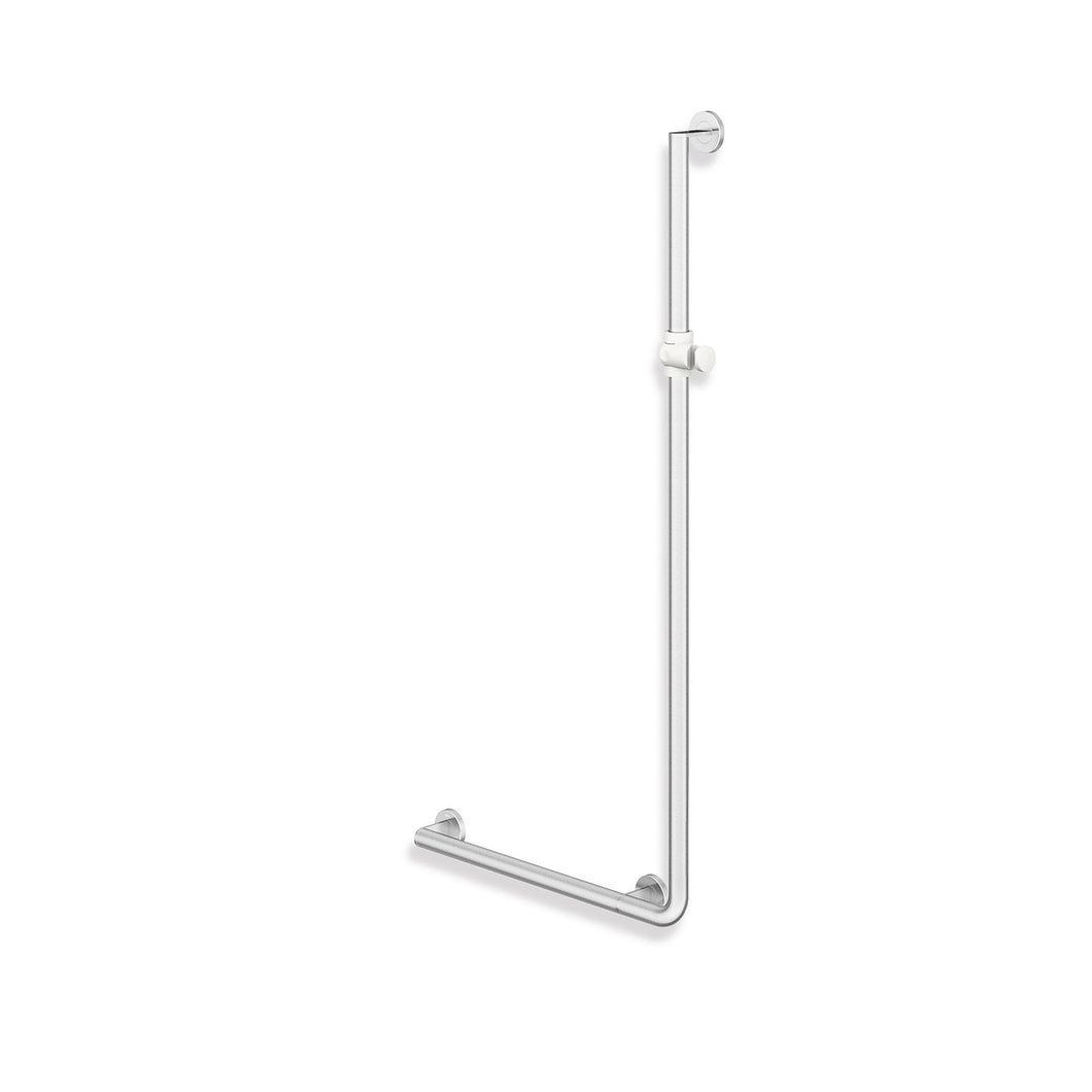 1250x600mm Left Handed Freestyle Supportive L Shaped Shower Rail with a satin steel finish on a white background