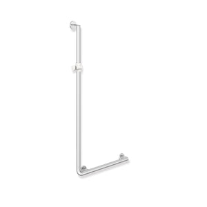 1250x600mm Right Handed Freestyle Supportive L Shaped Shower Rail with a satin steel finish on a white background