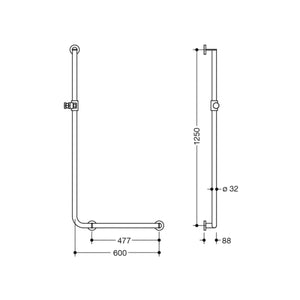 1250x600mm Right Handed Freestyle Supportive L Shaped Shower Rail with a satin steel finish dimensional drawing