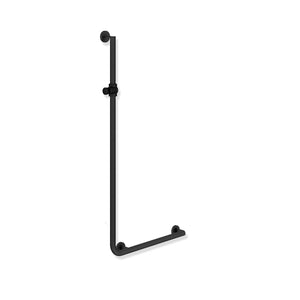 1250x600mm Right Handed Freestyle Supportive L Shaped Shower Rail with a matt black finish on a white background
