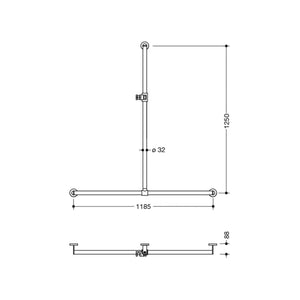 1250x1185mm Freestyle Supportive T Shaped Shower Rail with a matt black finish dimensional drawing